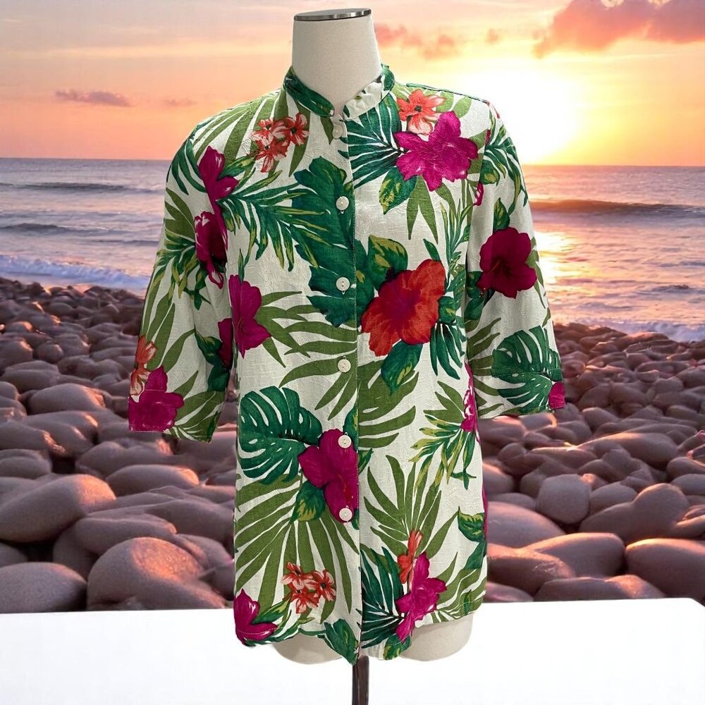 Erin Floral Hawaiian Shirt Medium Tropical Aloha Resort Style Boho Vacation Beac